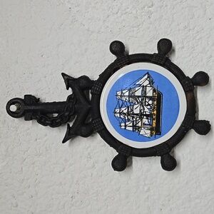 Vintage Nautical Ship Wheel Anchor Cast Iron Footed Decor Trivet Ceramic Tile